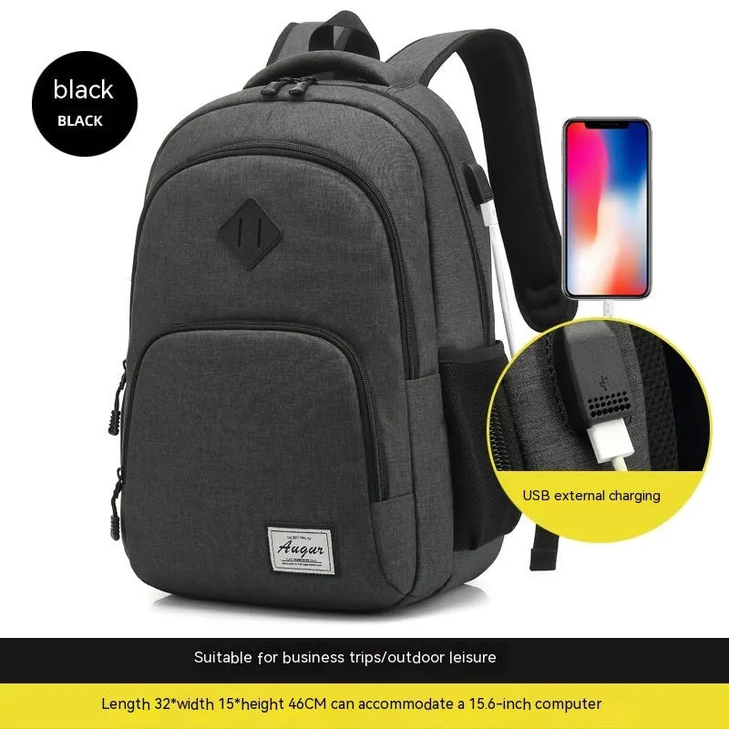 Grey USB charging backpack with dimensions 32cm length 15cm width 46cm height