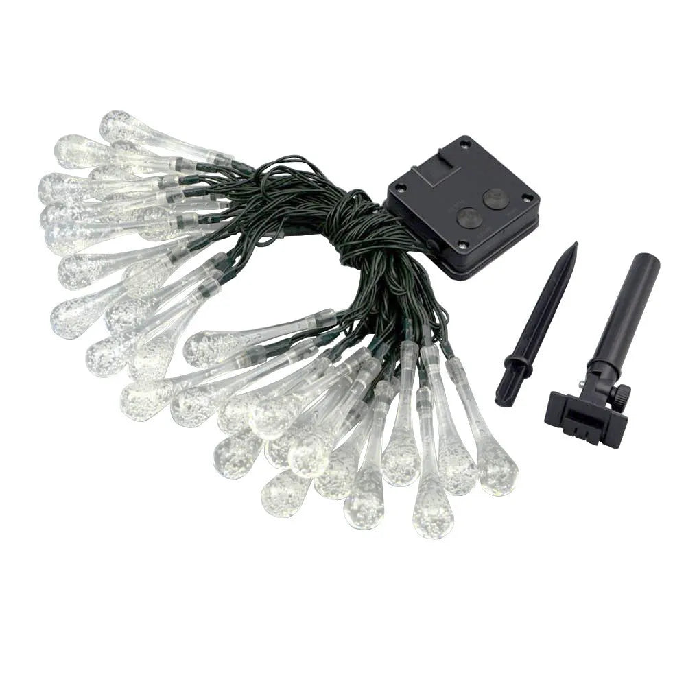 Solar-powered outdoor LED string lights with bubble drop pendants on a 6.5 metre cable.
