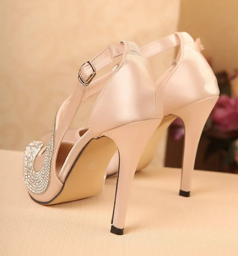 Super high heel rhinestone single shoe in apricot colour with crystal embellishments