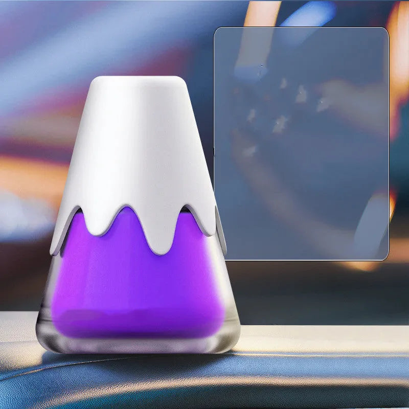 Snow mountain cup car aromatherapy diffuser in purple bouquet, vibrant lime, laurel haze, or deep sea fog blue