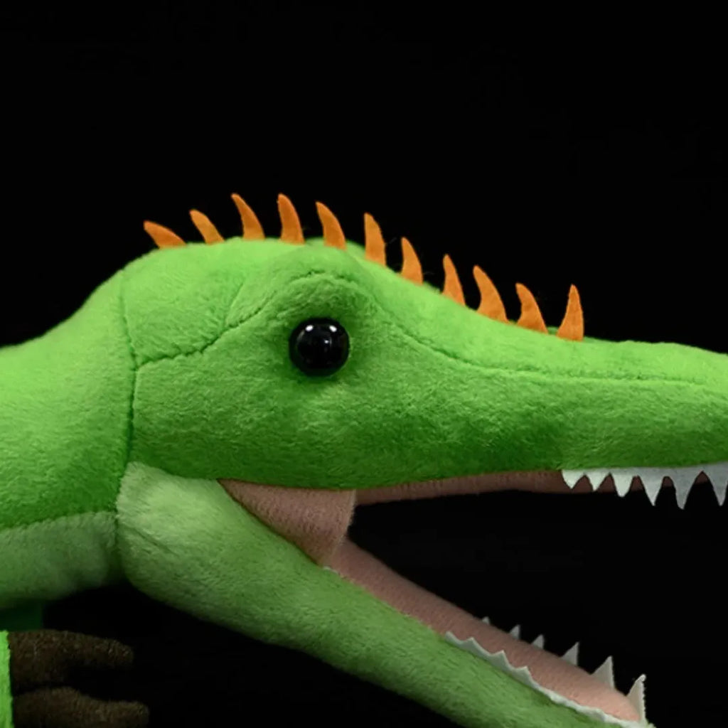 Green Spinosaurus simulation plush doll 45cm long from mouth to tail on plain background