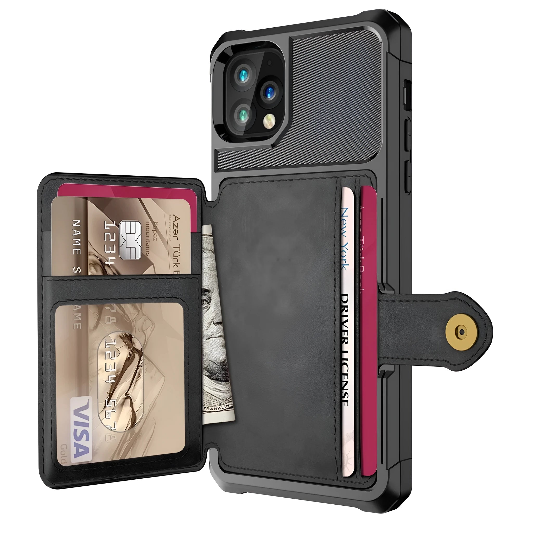 Imitation leather solid colour iPhone case with card wallet slot in black, blue, green, pink, or red.