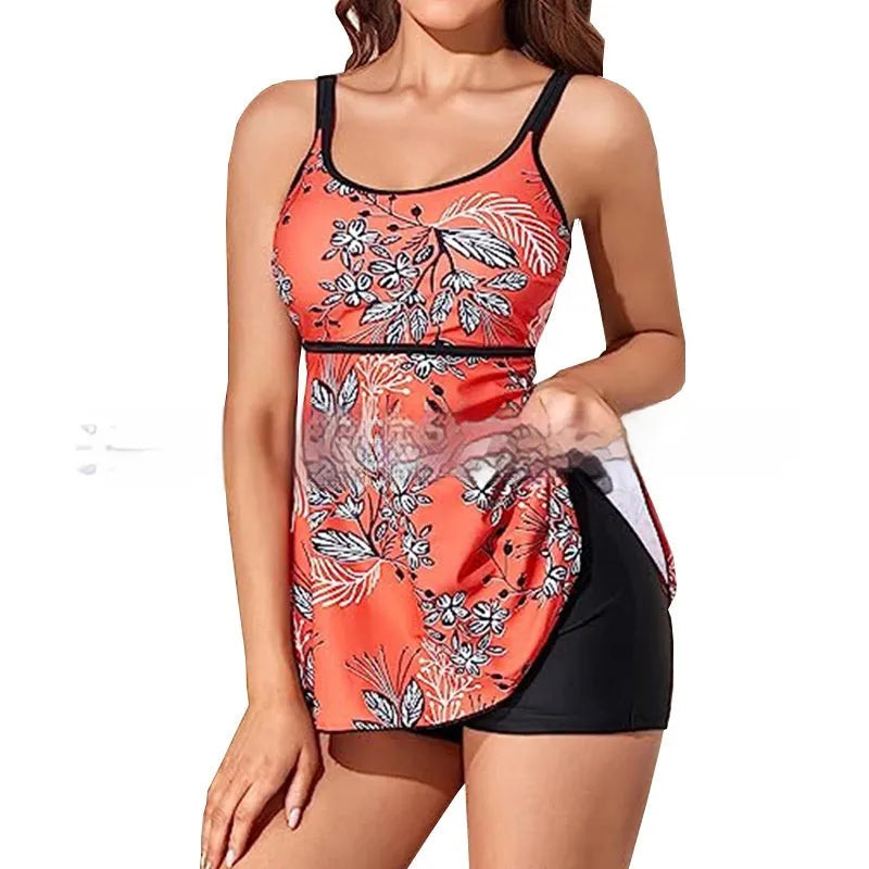 Plus size high-waisted women's swimsuit in leopard print, red print, round flower, or white falling flower pattern.
