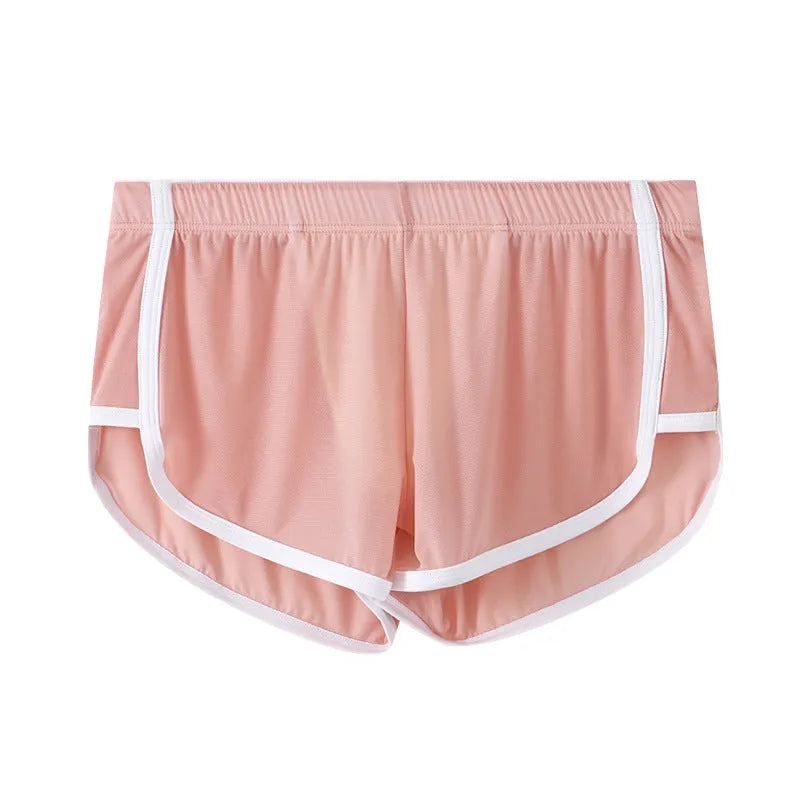 Men's low waist boxer shorts in ice silk fabric, shown in various colours including black, army green, and light purple