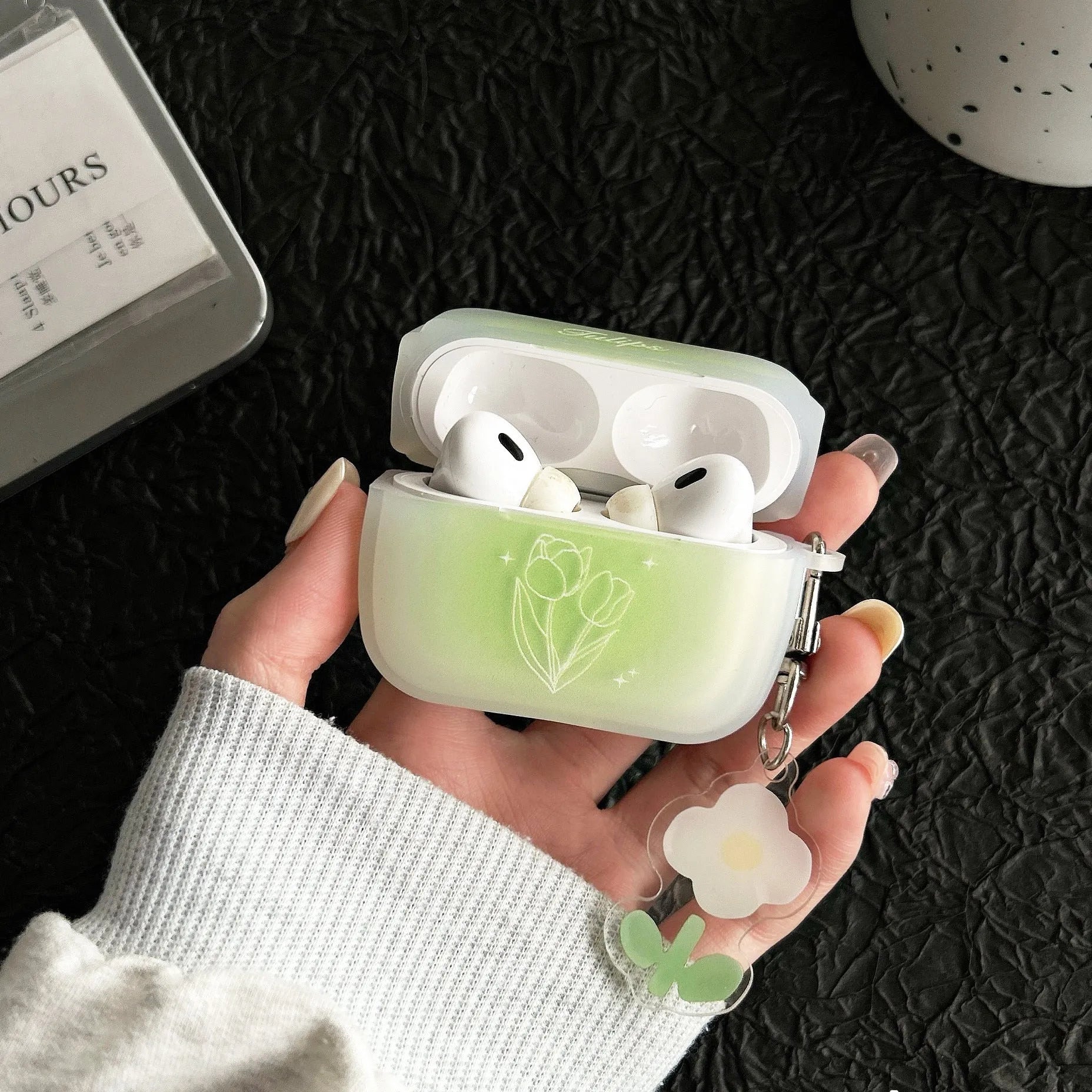 Transparent green TPU earphone sleeve with embossed cartoon tulip design for Apple AirPods