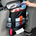 Universal car seat back multi-pocket storage organiser in black nylon with adjustable straps