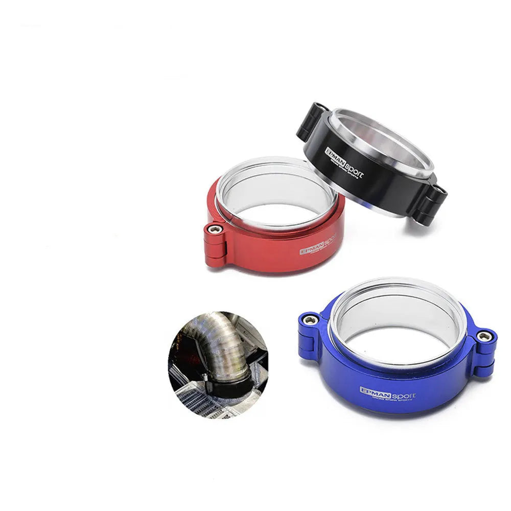 Aluminium fixed movement clamp for car turbo exhaust, in red, showing its one-piece construction.