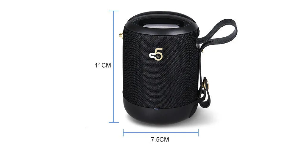 Compact black wireless Bluetooth speaker with carry strap showing its portable size