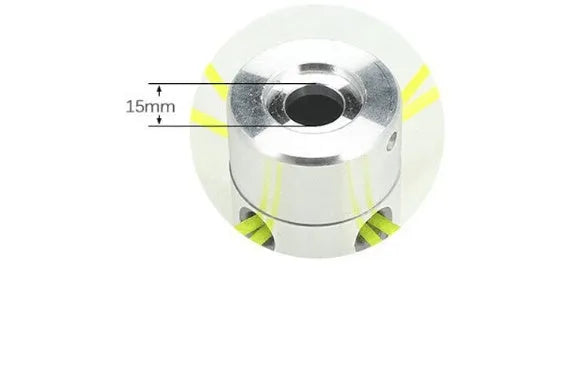Silver aluminium lawn mower trimmer head with four light yellow grass lines, wrench, and gasket.