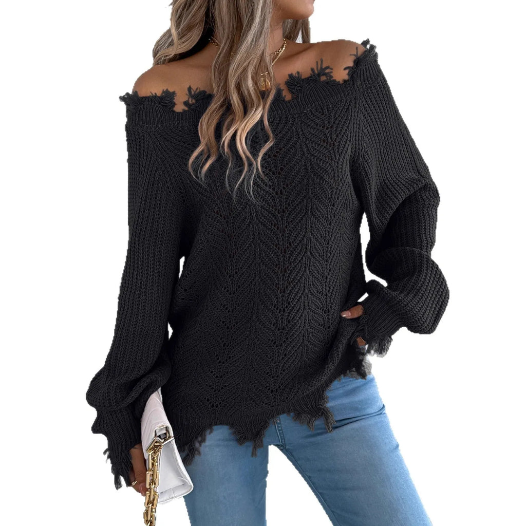 Women's hollow-out cut-off shoulder pullover sweater in acrylic fibre fabric