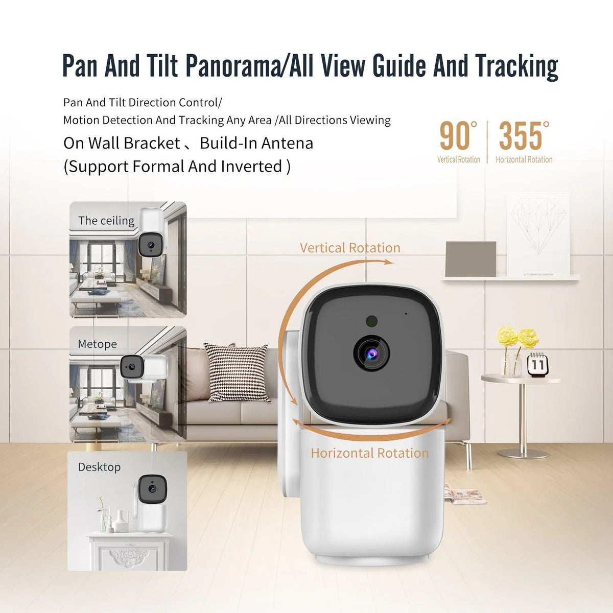 White PTZ home camera with 1080P clarity, night vision, WiFi, and screw fixed bracket for indoor monitoring