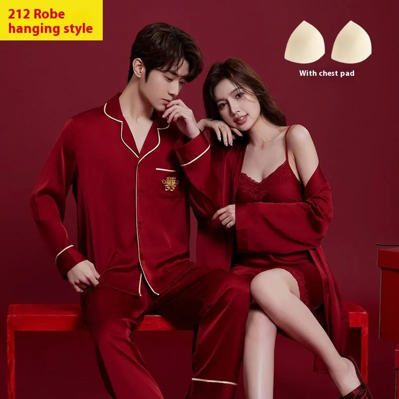 Men's and women's red ice silk wedding dowry sleepwear suit set with long sleeves and trousers