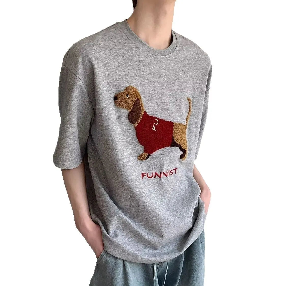 Men's grey cotton t-shirt with embroidered sausage dog design on chest, short sleeves, round neck