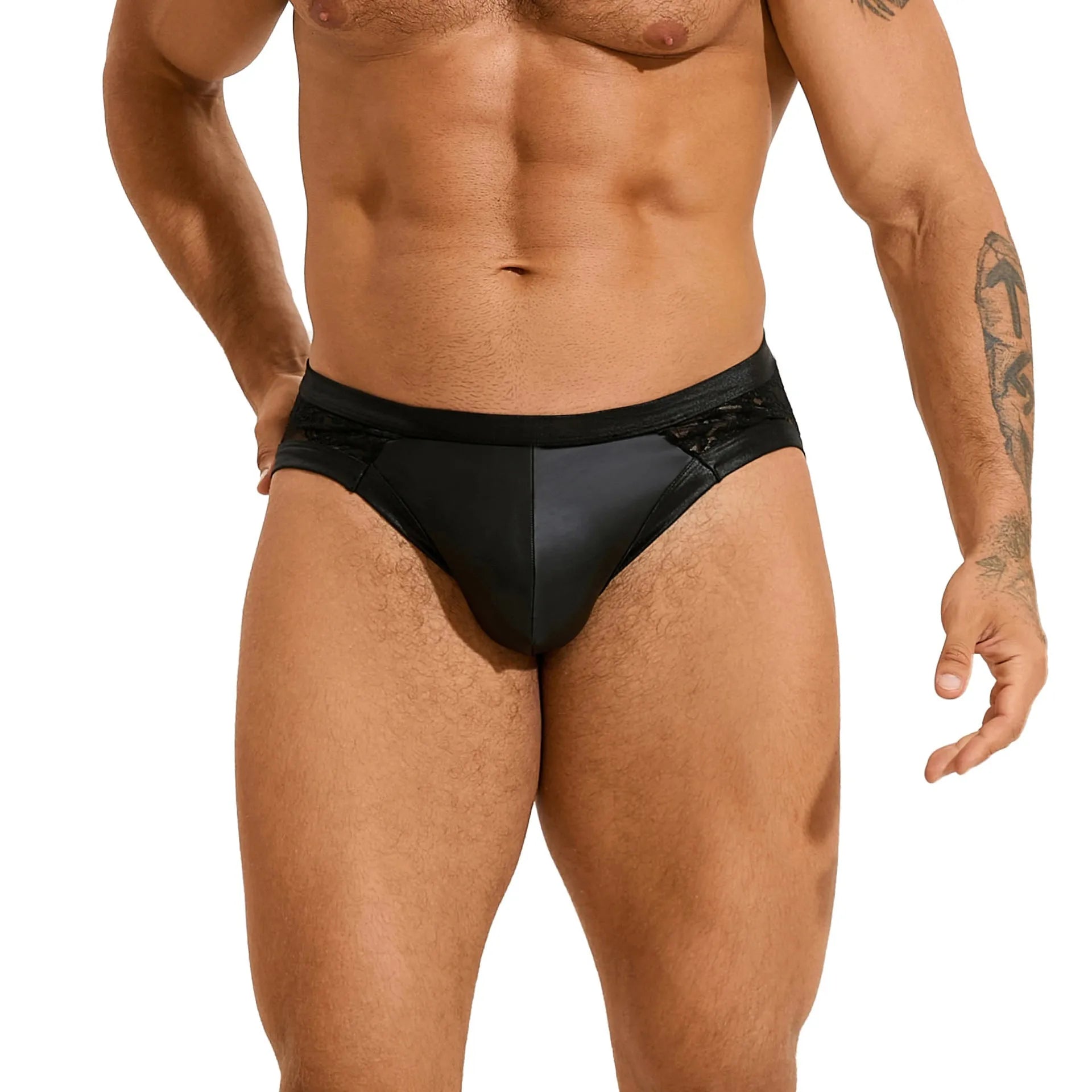 Black men's faux leather briefs with decorative stitching and lace trim.