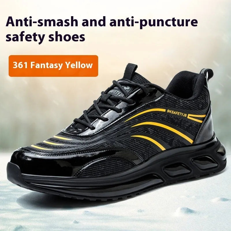 Orange lightweight labour protection safety shoes with leather upper and rubber sole