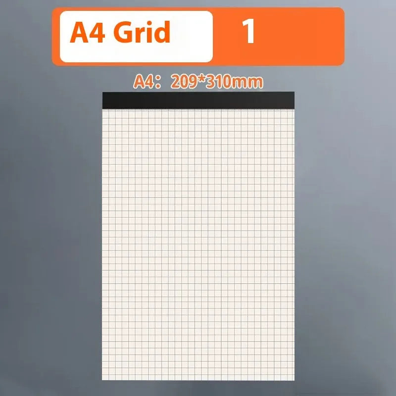 A5, B5, and A4 writing pads with tearable sheets in line, grid, and blank page styles.