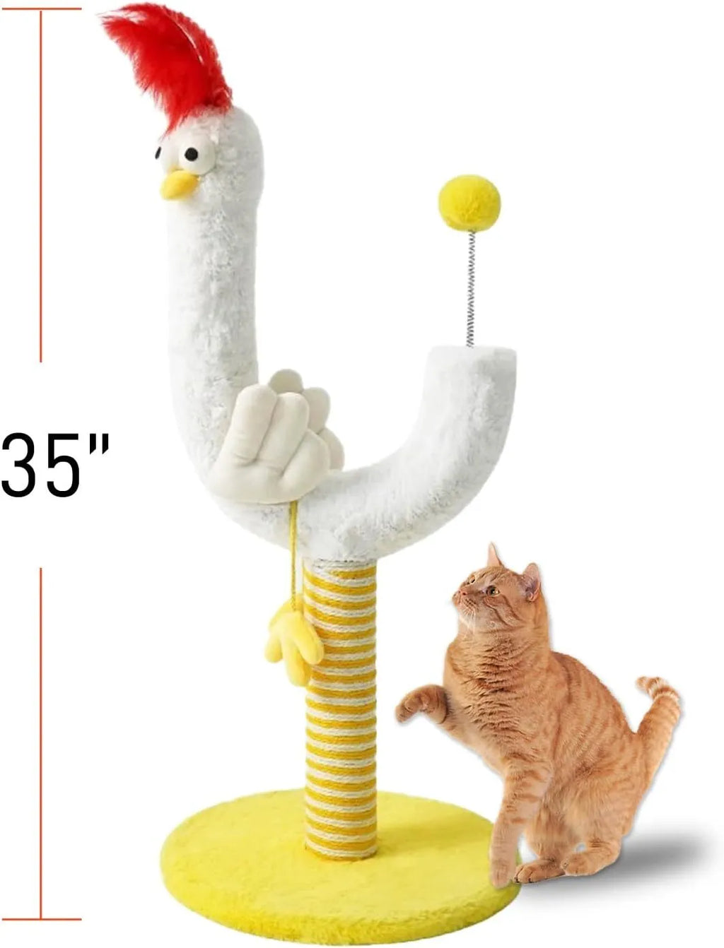Tall sisal rope cat scratching post with a curved surface and a spring ball on top