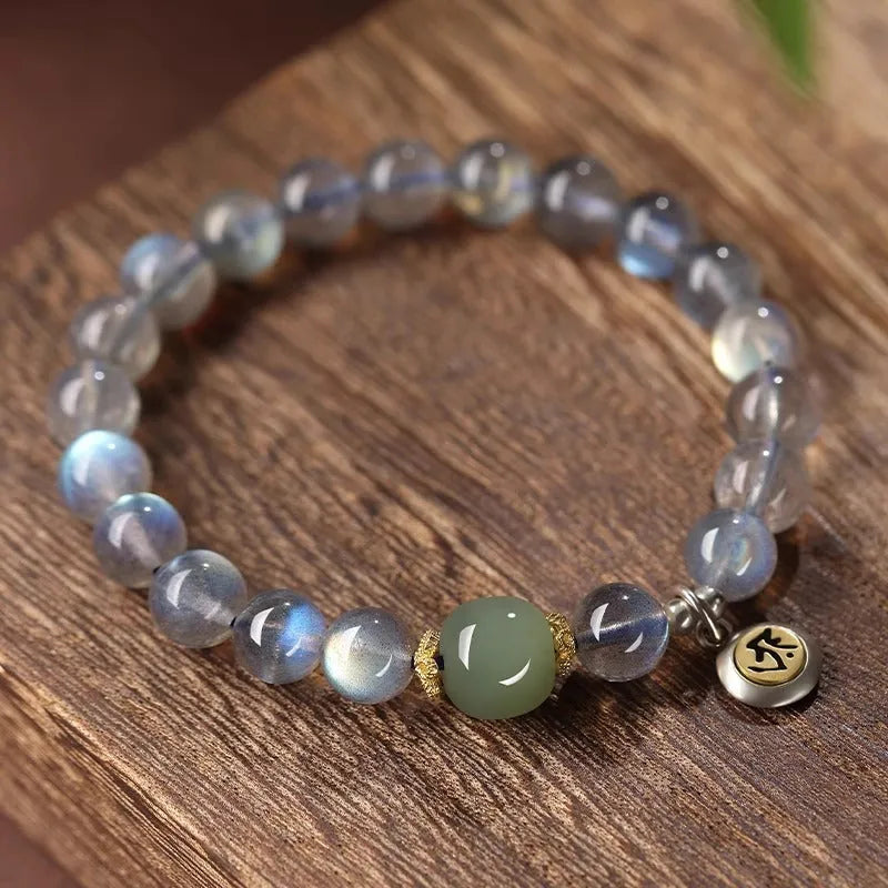 Moonstone women's bracelet with 8mm beads showing Thousand-Hand Guanyin Mouse zodiac design
