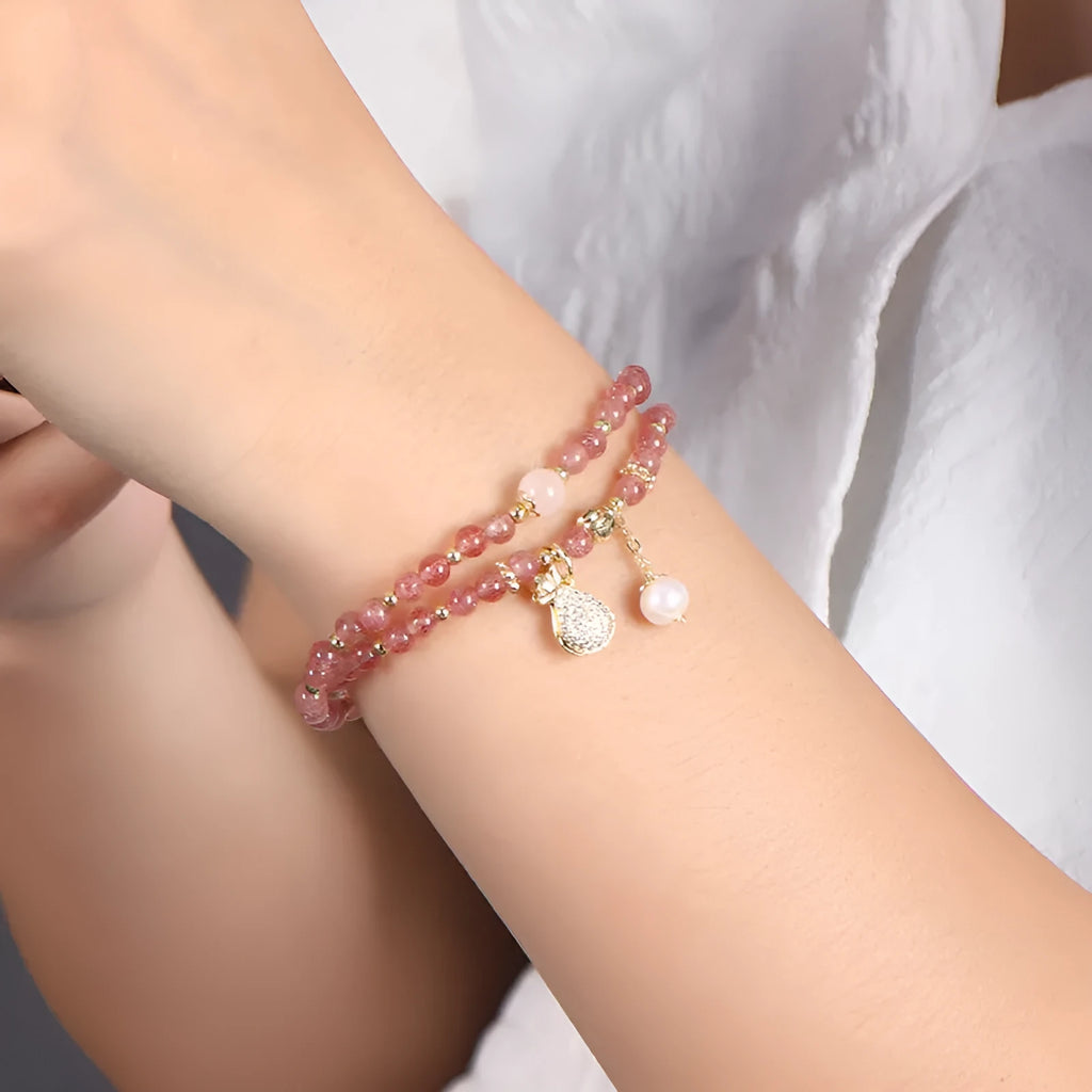 Geometric strawberry quartz crystal bracelet for women with pink stone jewellery