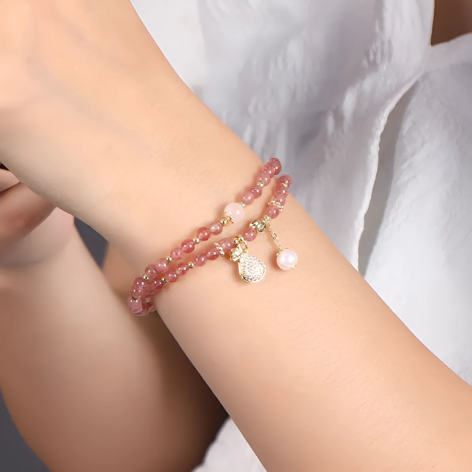 Geometric strawberry quartz crystal bracelet for women with pink stone jewellery