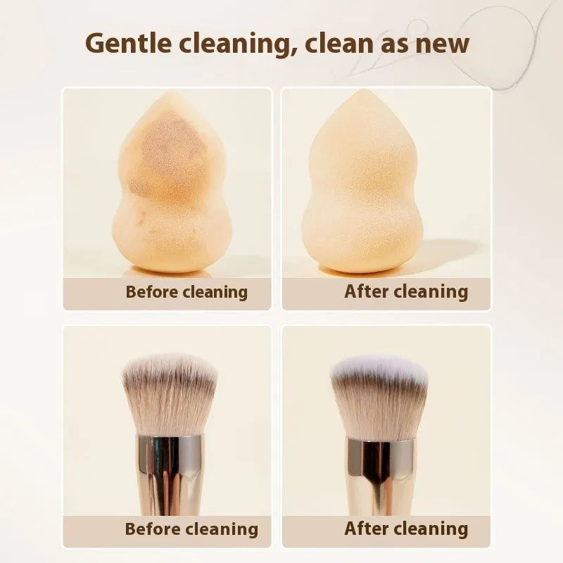Makeup brush cleaner kit with 80ml detergent spray and 75ml wash-free spray bottle for beauty sponges.