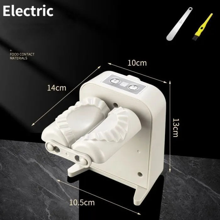 White automatic electric dumpling maker machine with USB charging cable on a kitchen counter