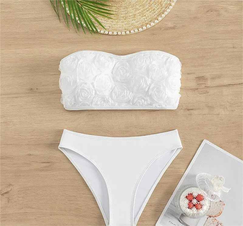 Women's white nylon tube top and high waist brief bikini swimsuit set