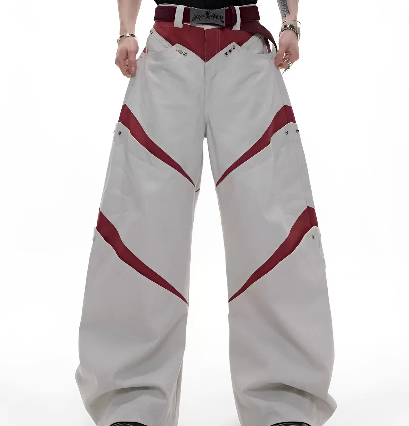 Heavy industry deconstruction overalls with contrast stitching and metal rivets, straight-leg high-waist trousers available in black or grey