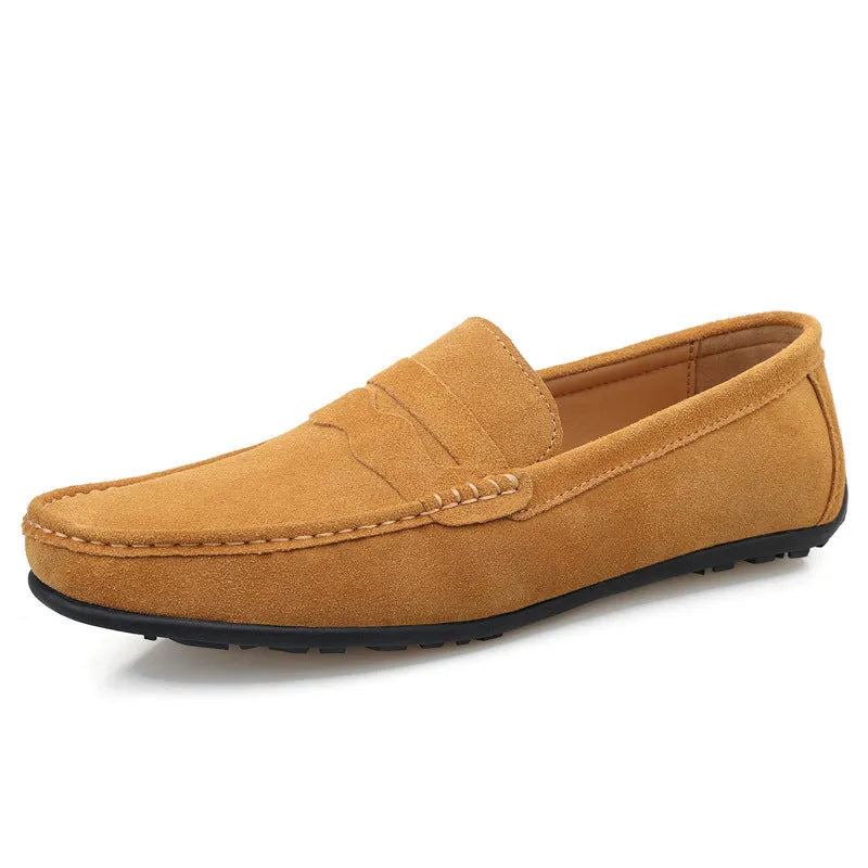 Men's solid colour cowhide suede loafers with round toe and rubber sole