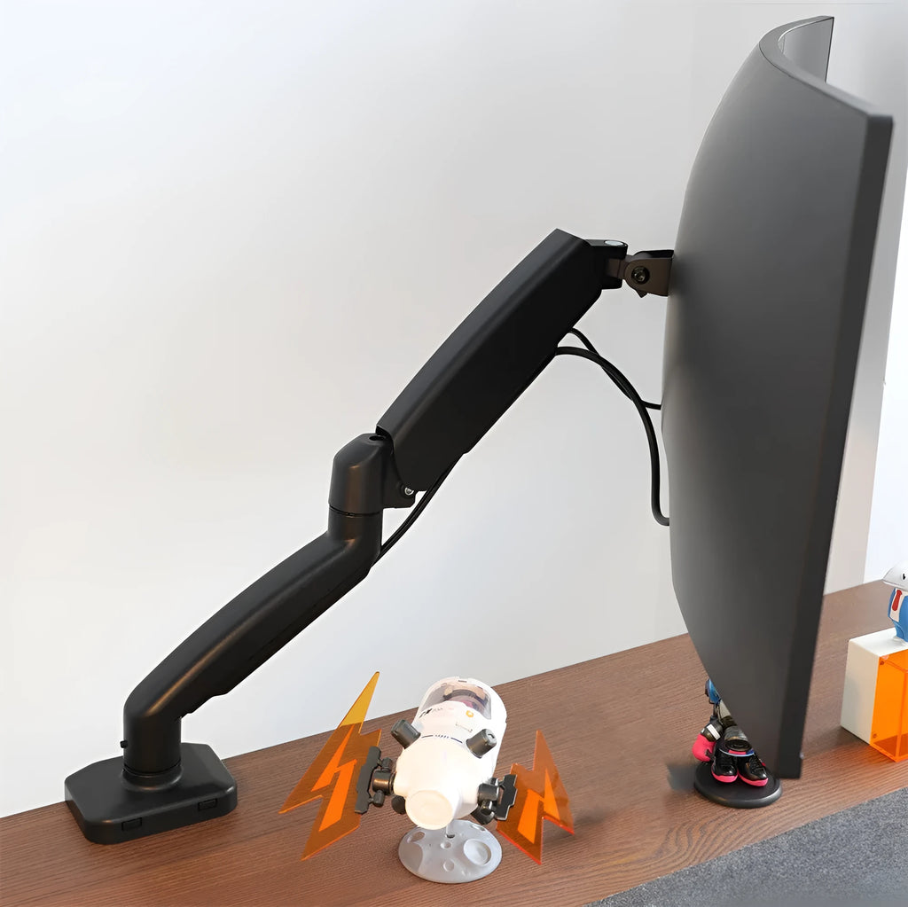 Black LCD screen rotating telescopic bracket elevated on desk with adjustable height and angle