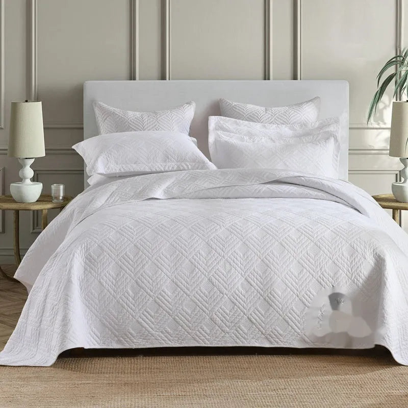 Pure cotton bed cover three-piece set showing bedspread-style design with solid colour pattern