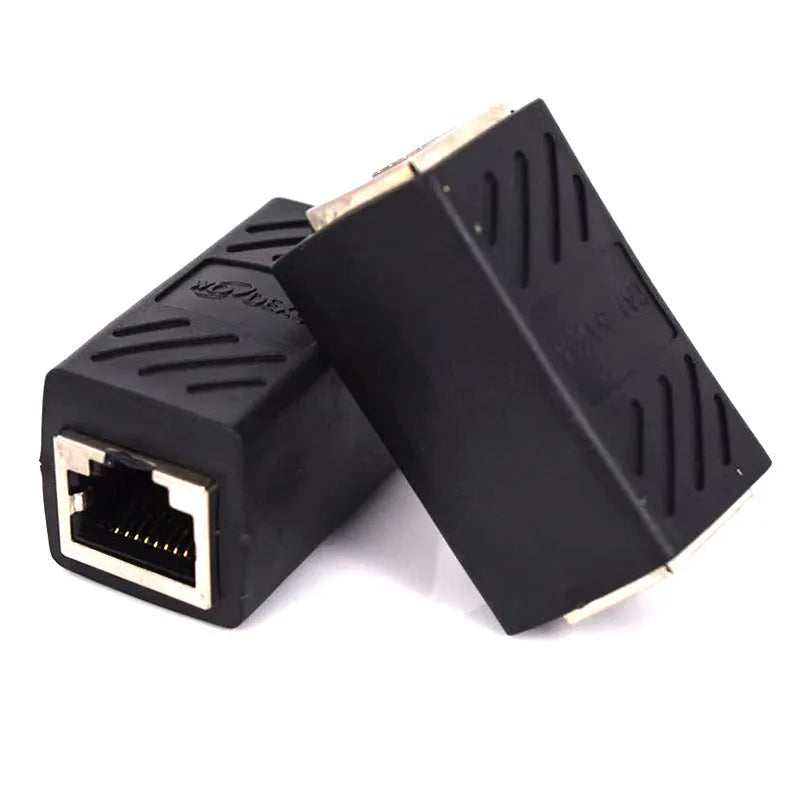 Black RJ45 network cable extender adapter with male and female connectors for joining Ethernet cables
