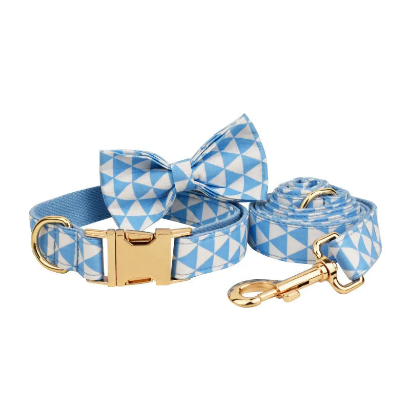 Blue cloth dog collar, leash, decorative bow, and vest set for small to medium dogs