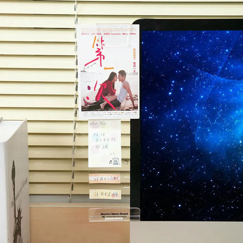 Clear acrylic monitor message memo board with wall suction mount on a computer monitor, left side placement