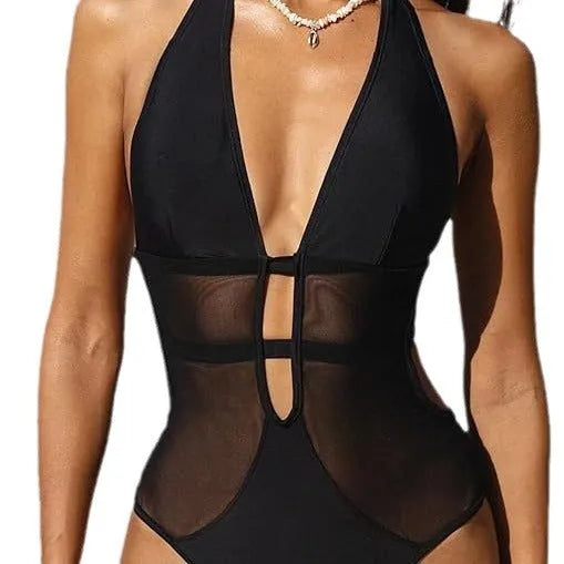 Black women's V-neck one-piece swimsuit with hanging neck mesh detail