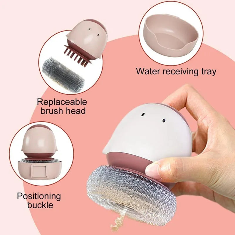 Automatic liquid filling dishwashing brush shaped like a chicken, in Bean Red, with ergonomic handle and wall mount
