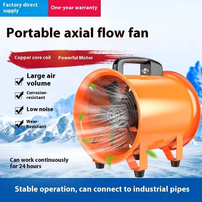 8 inch portable titanium steel axial flow fan with a 5 metre long air duct for industrial ventilation.