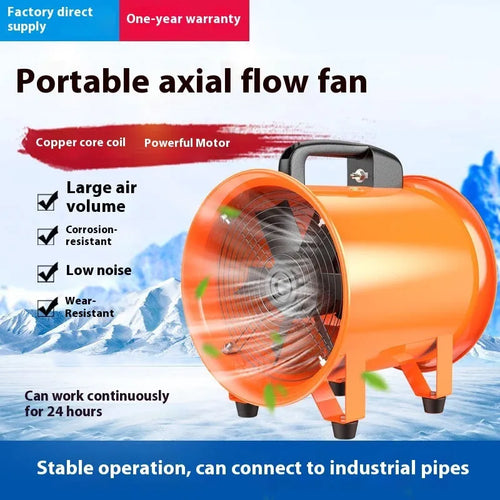 8 inch titanium steel axial flow industrial fan with a 5 metre flexible air duct attached.