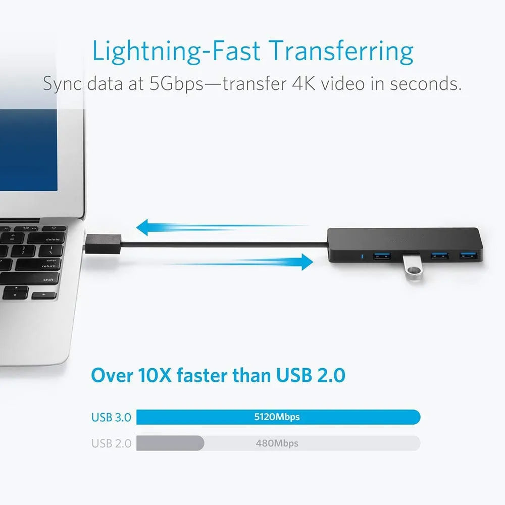 Black USB 3.0 hub with four ports, LED indicators, and a 30 cm attached cable on a desk.