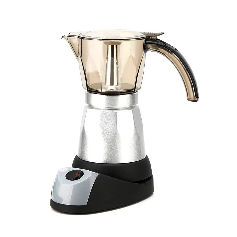 Octagonal electric aluminium moka pot coffee maker in blue colour on a kitchen counter