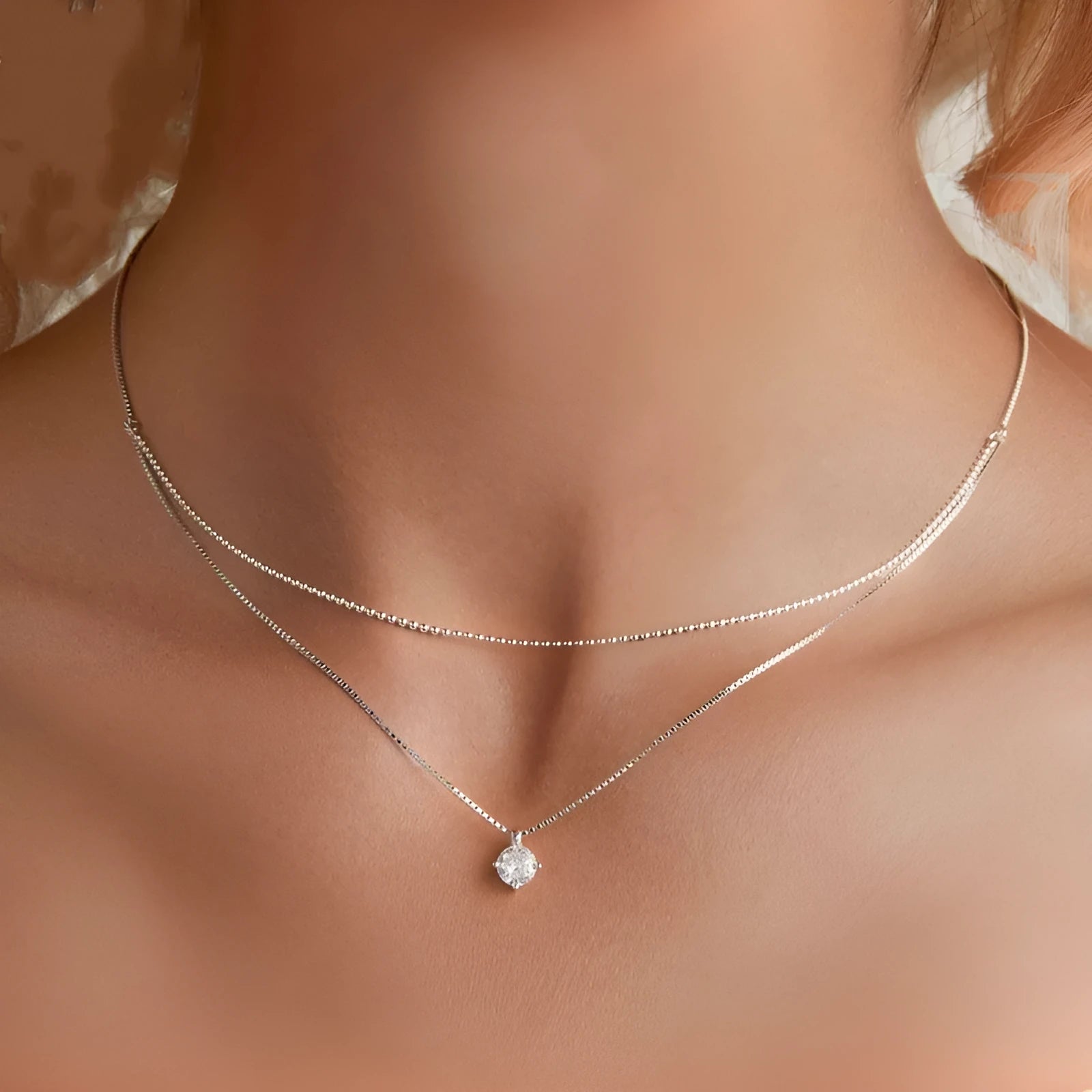 Double-layer sterling silver necklace with pearl chain and adjustable clasp