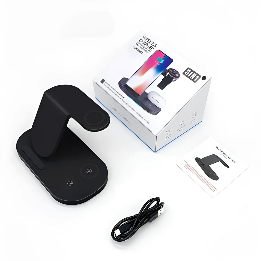 White three-in-one wireless charger showing phone, watch, and headphone charging pads with a Type-C cable.