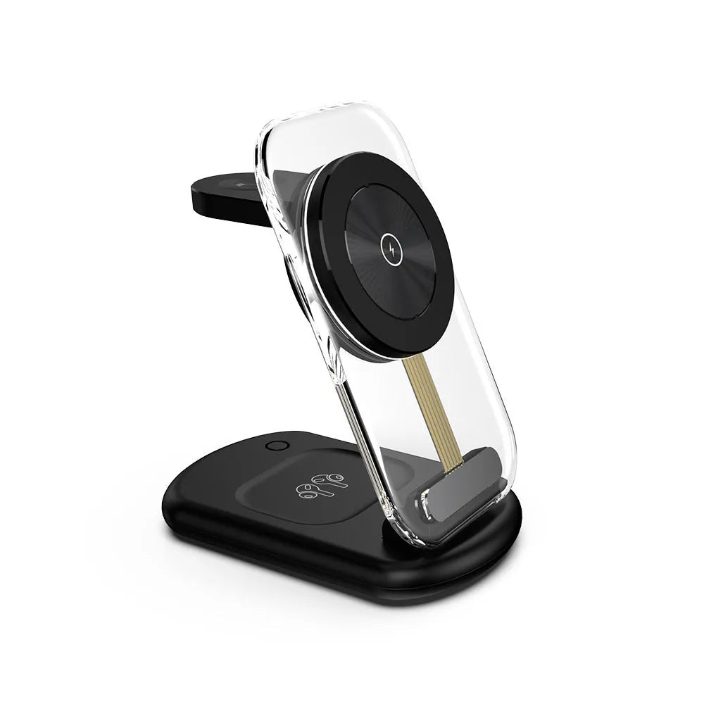 Transparent folding 3-in-1 wireless charger with phone, watch, and earbuds charging simultaneously, showing internal coils.