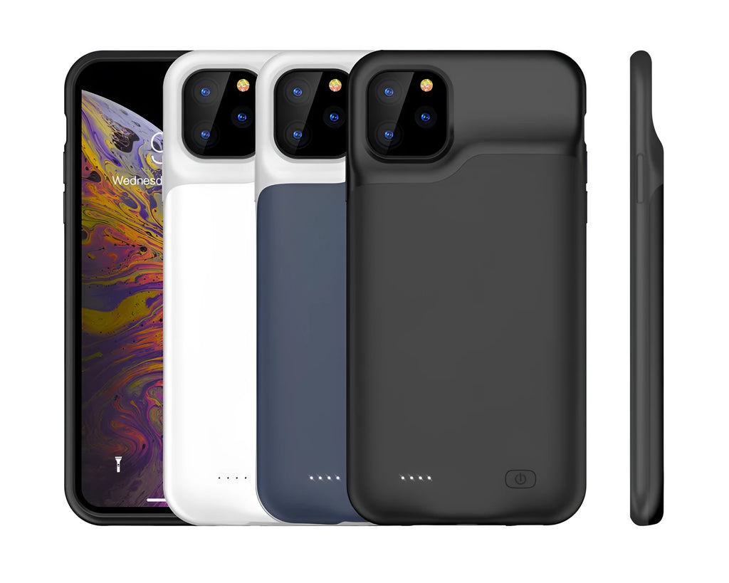 Shockproof silicone battery charger case for iPhone in black, showing integrated design.