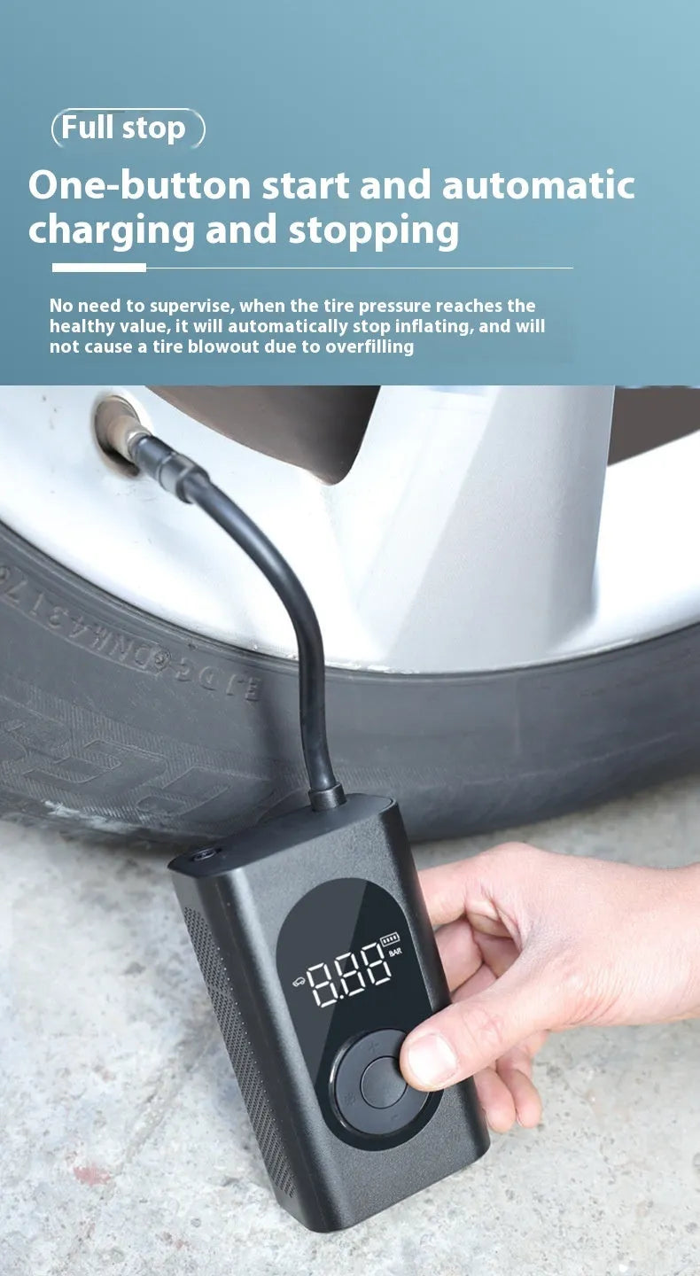 Handheld portable wireless tyre pump with digital display, power bank, and flashlight functions.