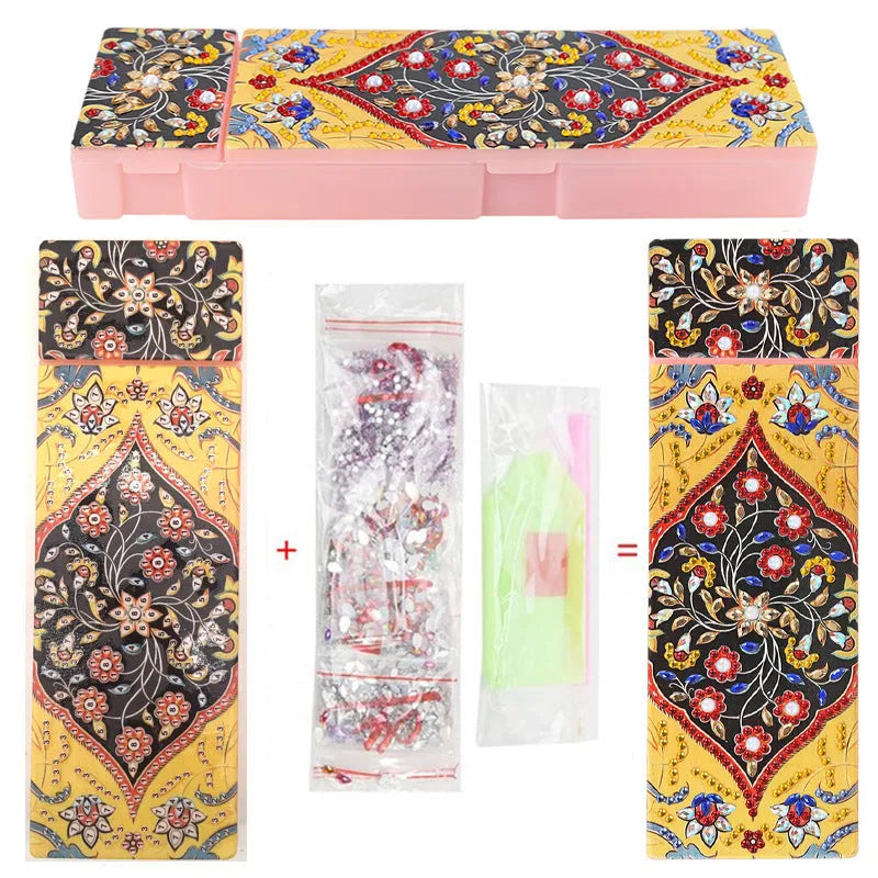DIY diamond painting craft kit with resin sequins for making a pencil case or wristlet bag.