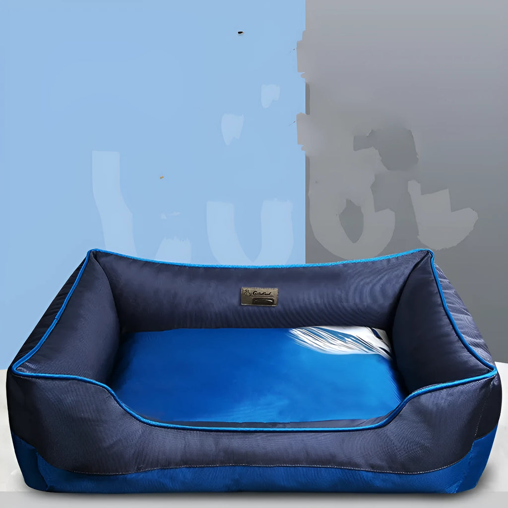 Blue dog kennel pet bed with 1680 Oxford PU coating, removable interior, on a wooden floor