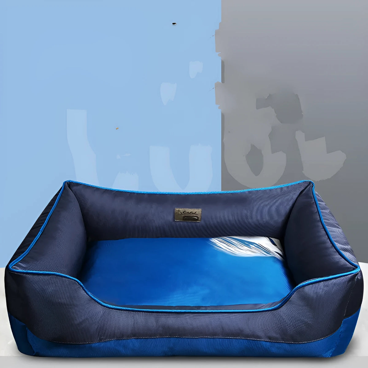 Blue dog kennel pet bed with 1680 Oxford PU coating, removable interior, on a wooden floor