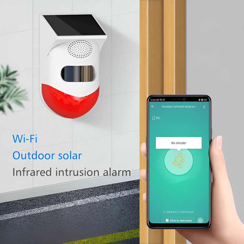 Outdoor wall-mounted solar infrared security alarm with GSM notification for perimeter detection.