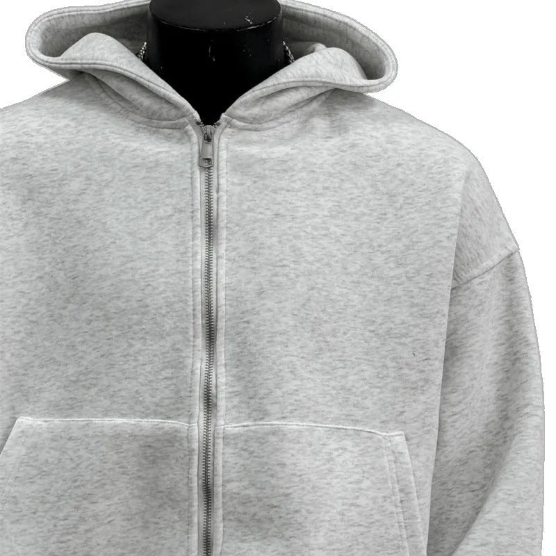Light gray men's hooded coat with a layered back schoolbag design.
